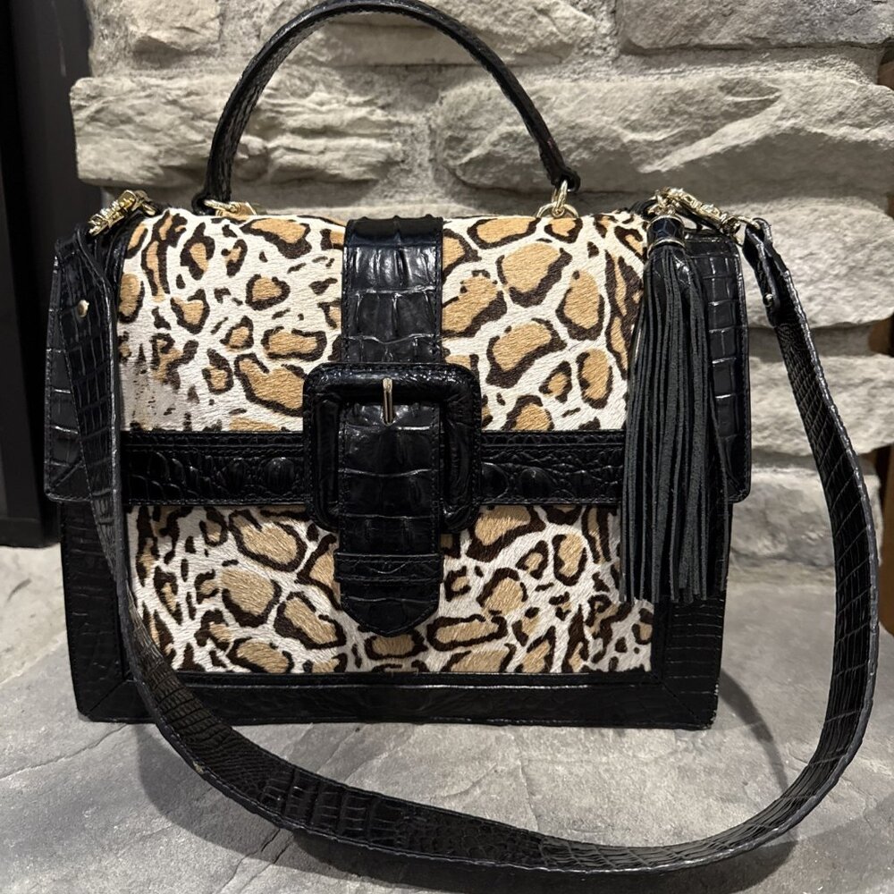 Brahmin Medium, Francine Black And Calf Hair Animal Print Melbourne Leather Bag